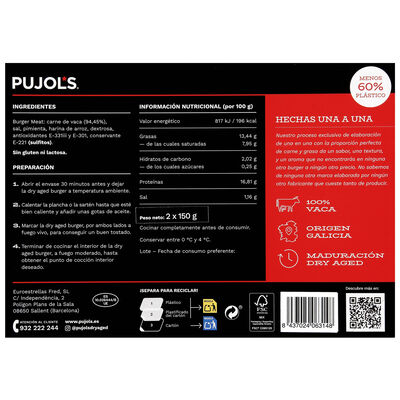 Burger meat de vacuno Pujol&acute;s 2 x 150g
