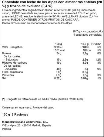 Chocolate con leche y almendras enteras Milka 100g