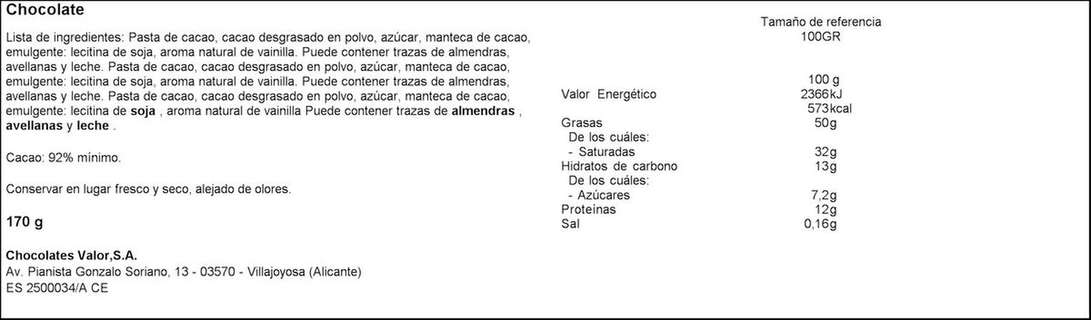 Chocolate negro sin gluten Valor 170g 92% de cacao