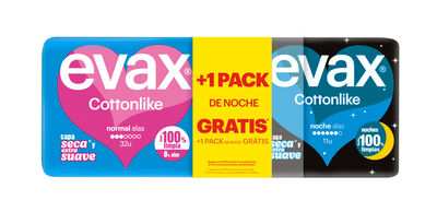 Compresa noche con alas cottonlike Evax 32 unidades + 11 unidades gratis