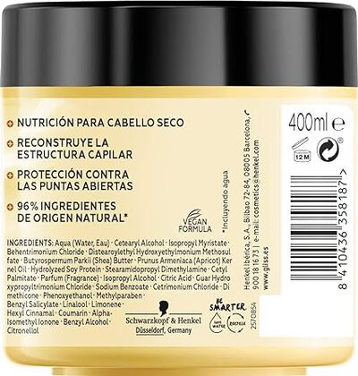 Mascarilla capilar Gliss 4en1 Nutrici&oacute;n 400 ml