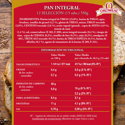 Pan de molde Oroweat 12 cereales y semillas 550g