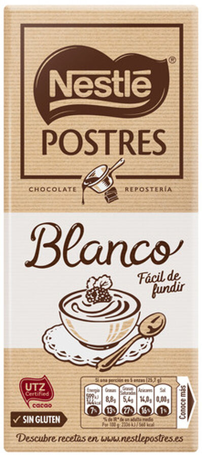 Chocolate blanco sin gluten Nestlé 180g postres