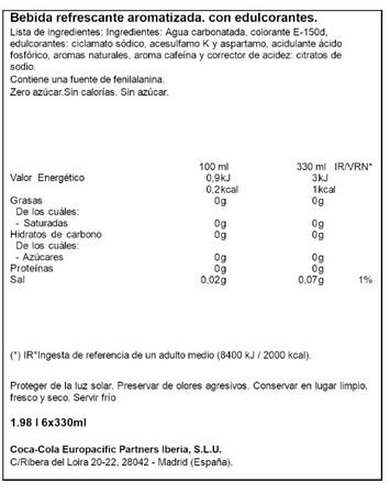 Refresco Zero Coca-Cola 33cl P6