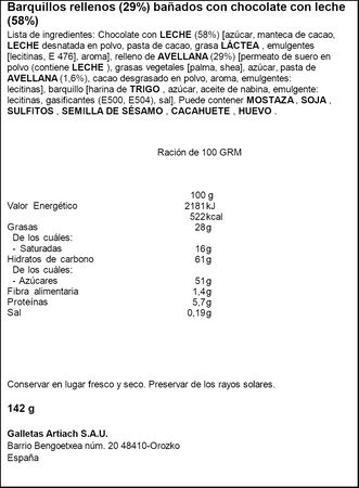 Galleta de barquillo cubierta de chocolate con leche Artiach 142g