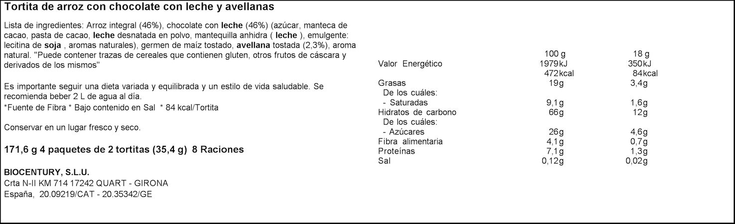 Tortitas arroz choco leche y avellanas Bicentury 142g