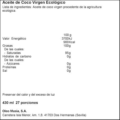 Aceite de Coco Virgen Ecol&oacute;gico La Mas&iacute;a 430ml