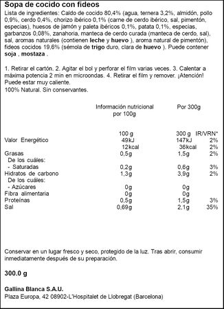 Sopa gallina blanca gourmet cocido con fideos Gallina Blanca 300g