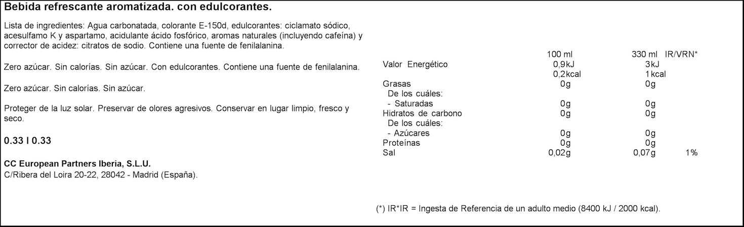 Refresco cola Coca-Cola lata 33cl zero
