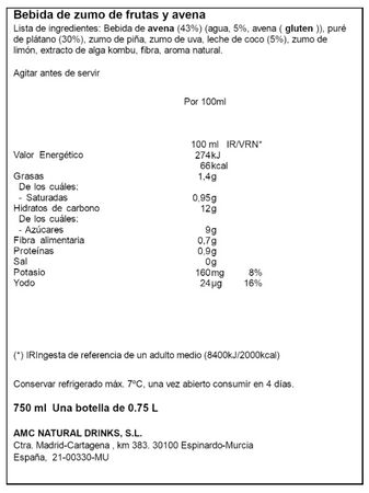 Bebida de avena, pl&aacute;tano y coco Vianature 750ml