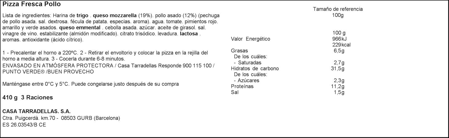 Pizza Casa Tarradellas 410g pollo