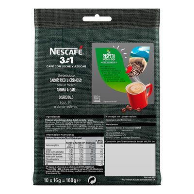 Caf&eacute; soluble Nescaf&eacute; 3 en 1. Sobres de caf&eacute;, leche y az&uacute;car 10x16g