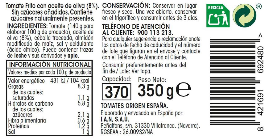Tomate frito estilo casero sin gluten Alipende 350g
