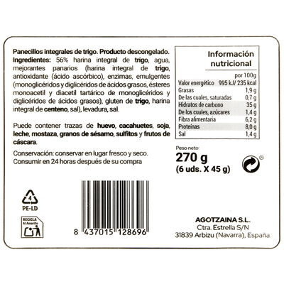 Panecillo 100% integral en pack de 6 unidades con un peso total de 270g