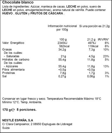 Chocolate blanco para postres Nestl&eacute; 170g