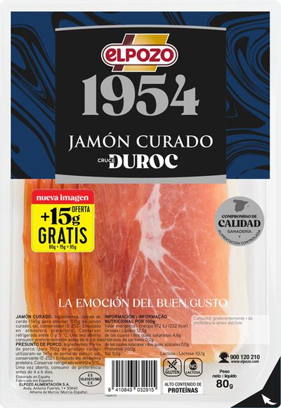 Jamón curado selección en lonchas ElPozo 80 + 15 gr