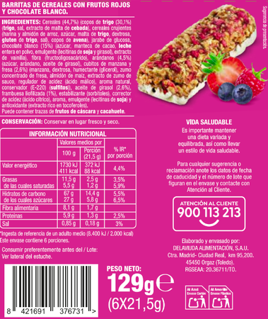 Barritas de cereales Alipende 129g con frutos rojos