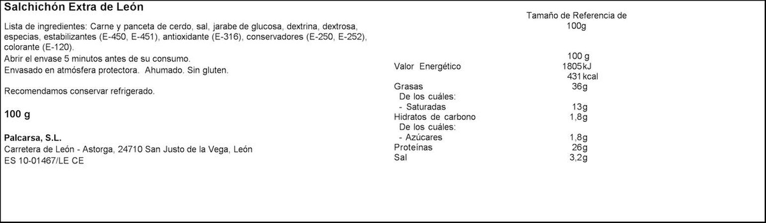 Salchichón de león Palcarsa 100g en lonchas calidad extra