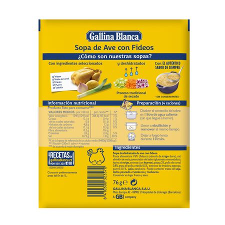 Sopa Gallina Blanca lote 3 unidades ave con fideos