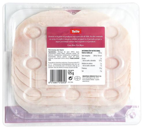 Pechuga de pavo en finas lonchas esencia Tello 125g