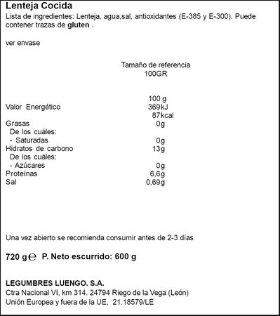 Lenteja cocida Disney Luengo 700g 