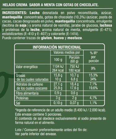 Helado tarrina Alipende menta y chocolate 500ml