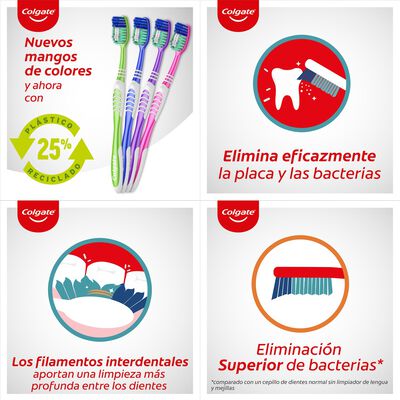 Cepillo de dientes Colgate Extra Clean elimina bacterias bucales, medio 4uds