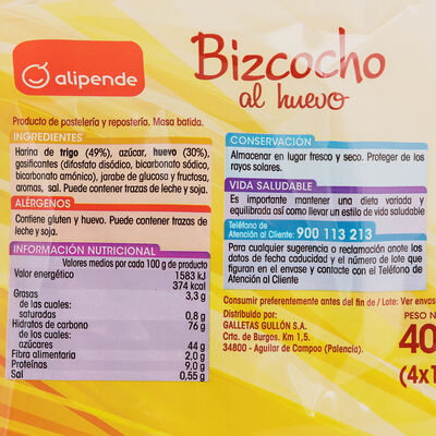 Bizcocho Alipende 400g al huevo