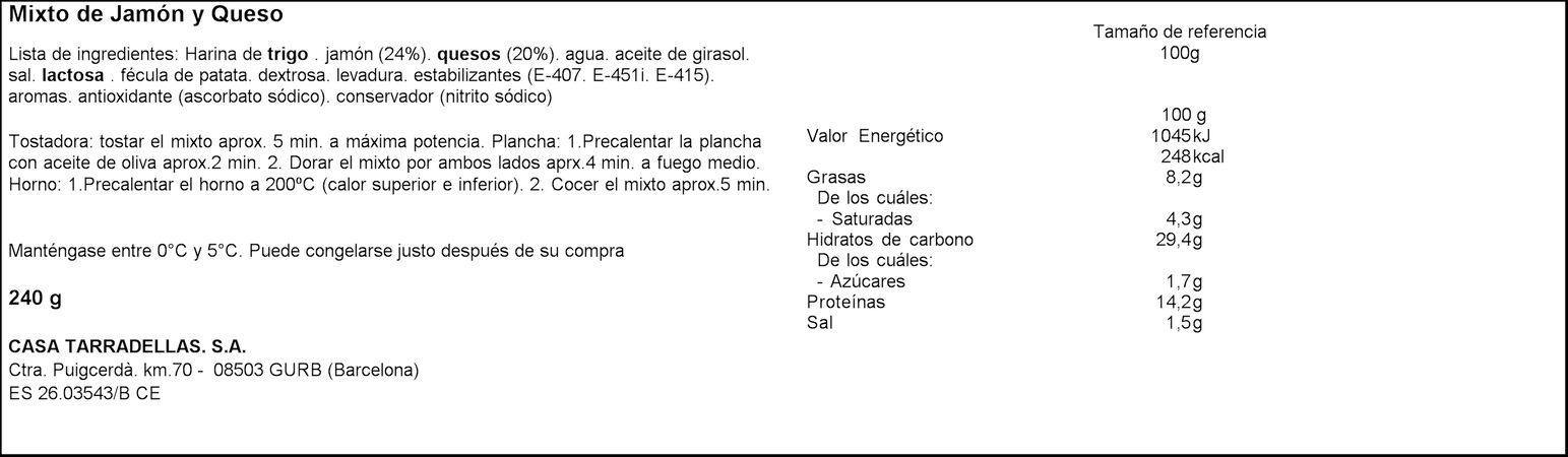 Sandwich Tarradellas pack 2 mixto jamon y queso