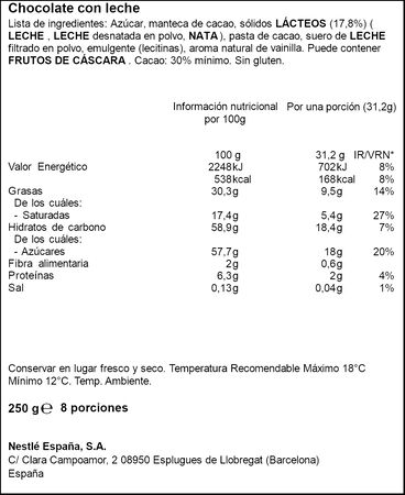 Chocolate con leche extrafino Nestl&eacute; 250g