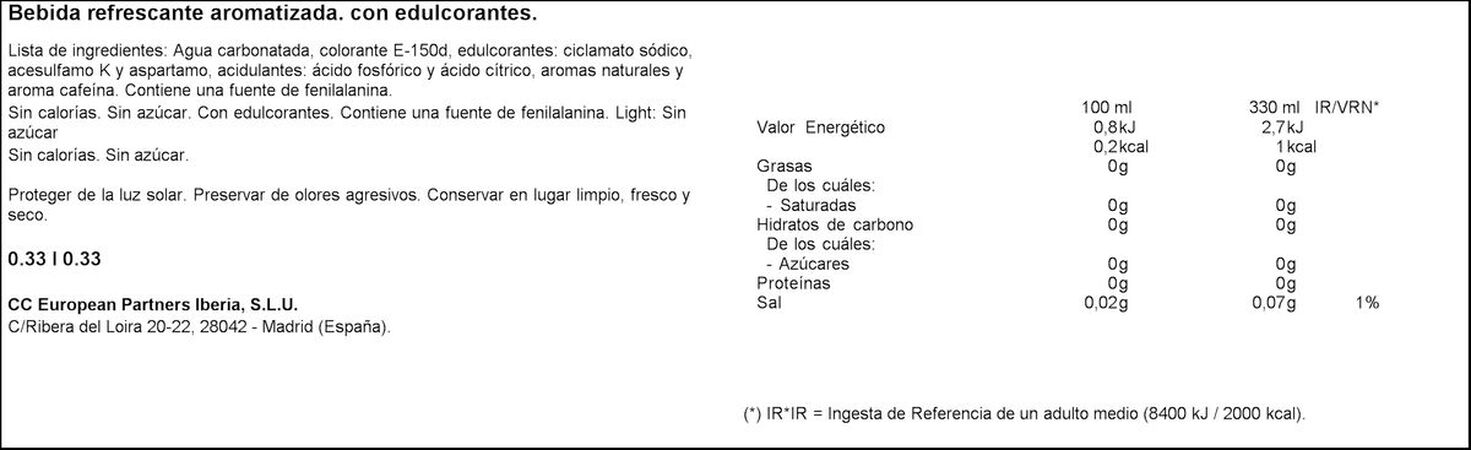 Refresco cola Coca-Cola lata 33cl light