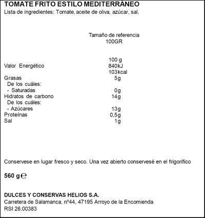 Tomate frito mediterr&aacute;neo con aceite de oliva virgen extra Helios 560g
