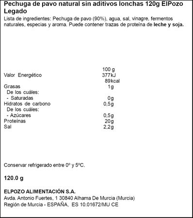 Pechuga Pavo Sin Gluten Y Sin Lactosa Legado 120G Natural Sin Aditivos