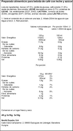 Caf&eacute; soluble 3 en 1 con leche y az&uacute;car Nescaf&eacute; 3 sobres