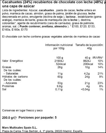 Chocolatina de chocolate con leche y rellenos de cacahuete M&M's 200g 
