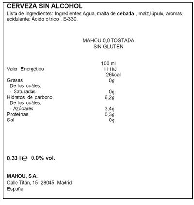 Cerveza 0,0% tostada sin gluten Mahou lata 33cl