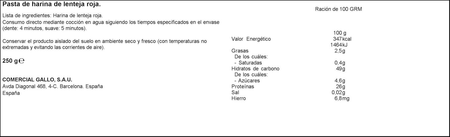 Hélices de lenteja roja sin gluten Gallo nature 250g