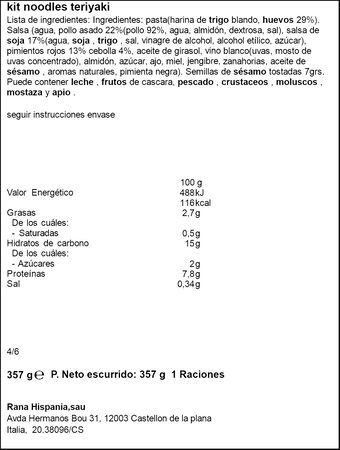 Noodles con pollo teriyaki Rana 357g