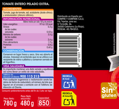 Tomate entero pelado categor&iacute;a extra Alipende 480g