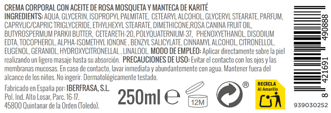 Crema corporal Bodyplus 250ml con aceite de rosa mosqueta