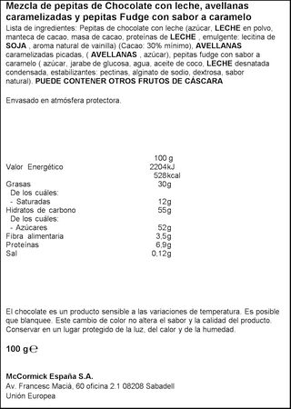 Mix de pepitas de chocolate caramelo y avellanas Vahiné 100g