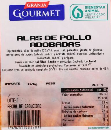 Alas de pollo adobadas Granja Gourmet 500g aproximadamente