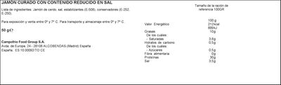 Jam&oacute;n curado en lonchas reducido en sal Navidul 45 gr