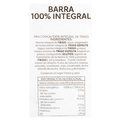 Barra de pan 100% integral 250g