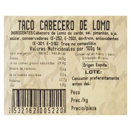 Cabecero lomo duroc La Hoguera 300g aproximadamente