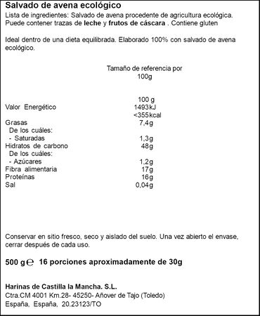 Salvado de avena ecol&oacute;gico Haricaman 500g