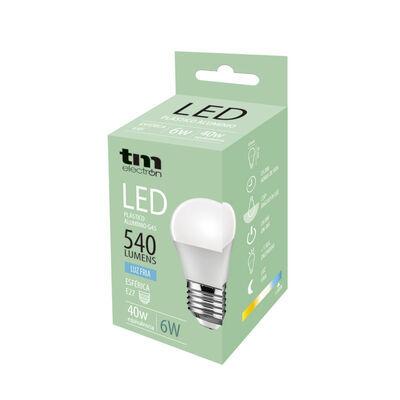 Bombilla Led esf&eacute;rica e27 pl&aacute;stico TM g45 6W fr&iacute;a
