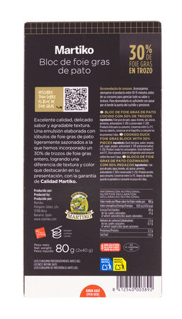 Foie pato bloc con 30% de frie gras en trozos Martiko 80g