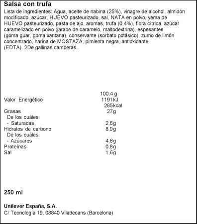 Salsa Mayo de Trufa Sin Gluten Bocabajo Hellmann's 250ml