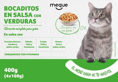 Comida h&uacute;meda gato bocaditos Meque verduras pack 4
